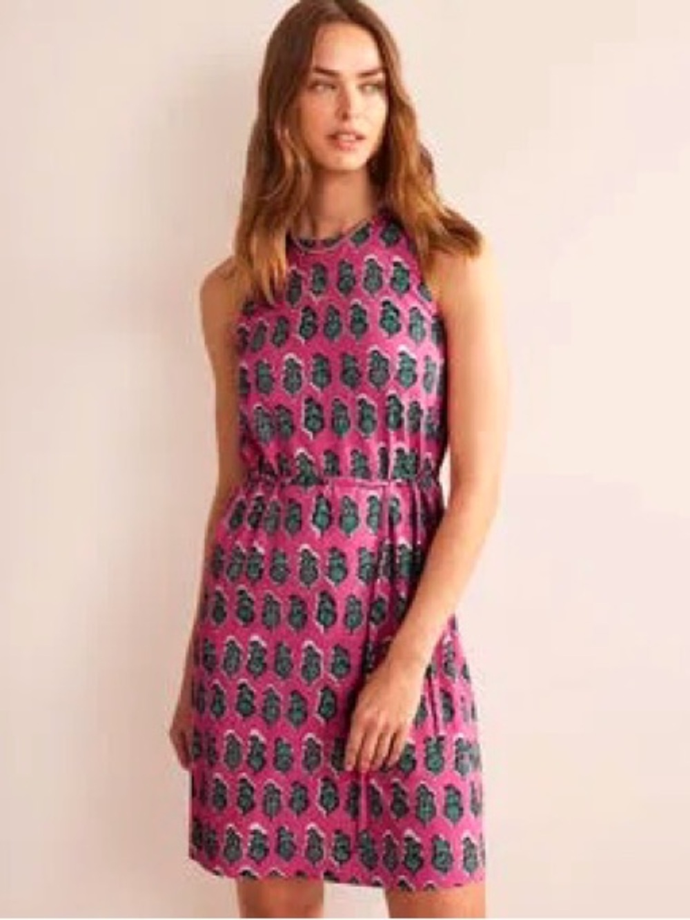 Boden Sleeveless Jersey Swing Dress Festival Pink Artisian Bloom Print